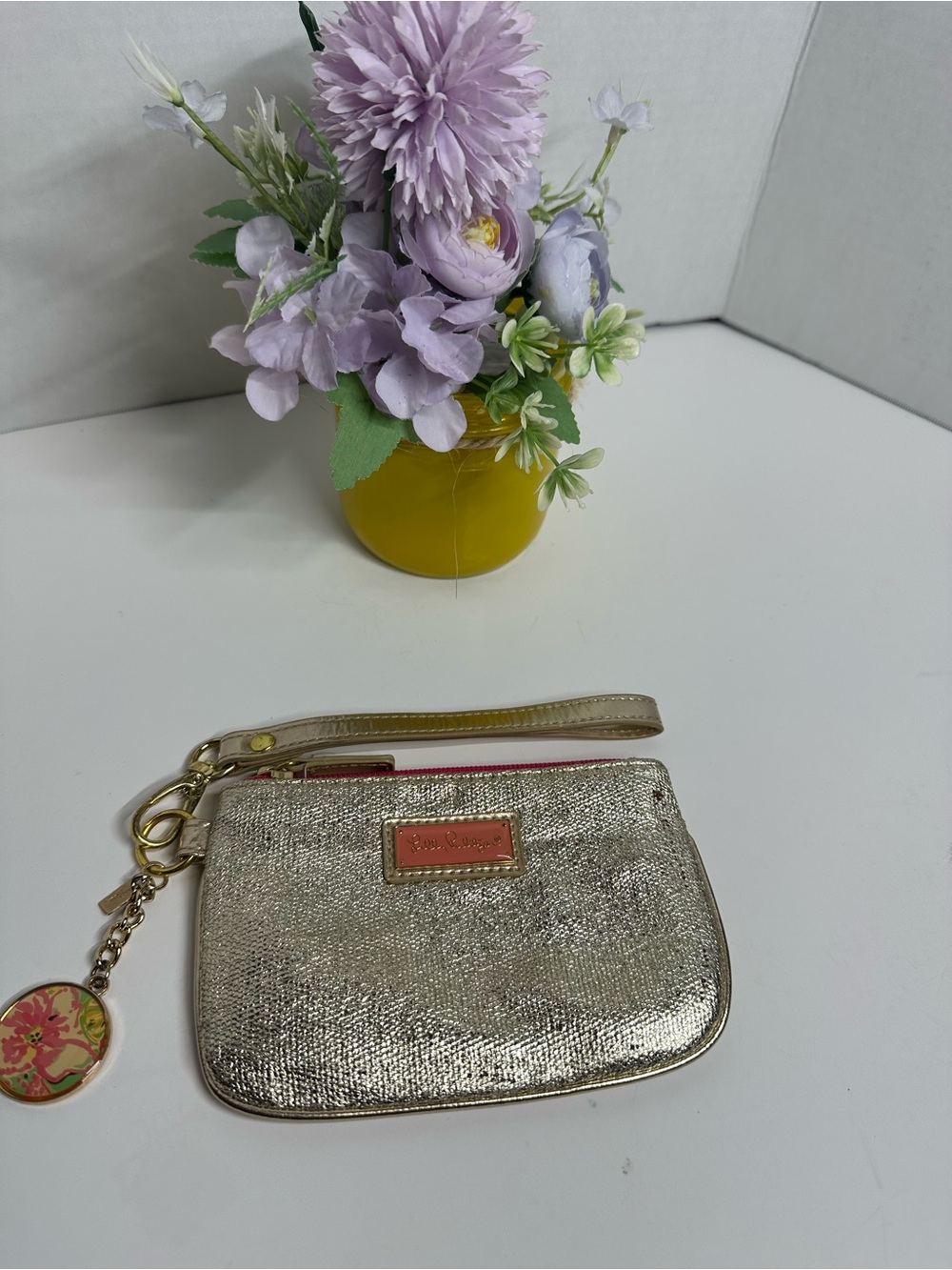Lilly Pulitzer Metallic Gold Wristlet with Pink Accent
